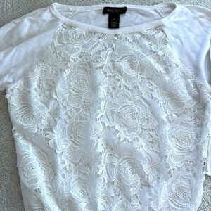 WHBM White Lace front Women's Top sweater. Size XS. Features a rose pattern.
